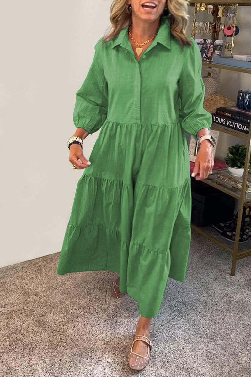 Casual Solid Color Buttons Ruffle Turndown Collar A Line Dresses