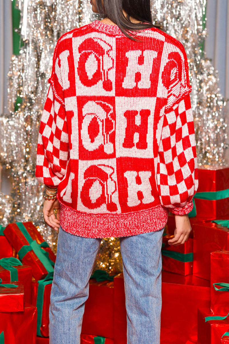 Suéteres casuales de fiesta con cuello redondo, estampado de letras a cuadros y contraste