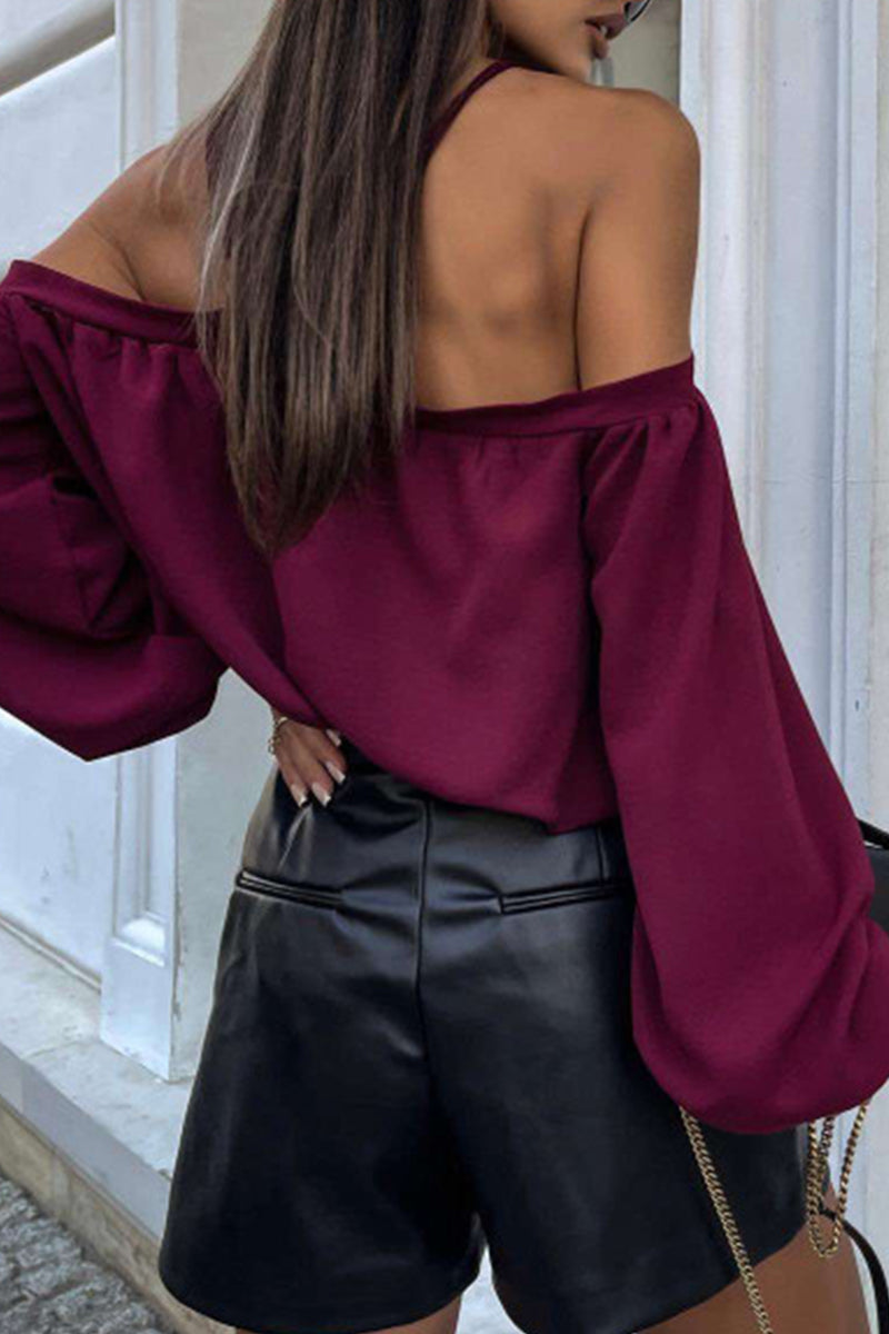 Sexy Solid Color Lace Up Patchwork Halter Blouses