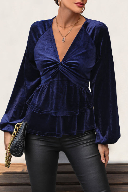Elegant Ruched Velvet V Neck Blouses