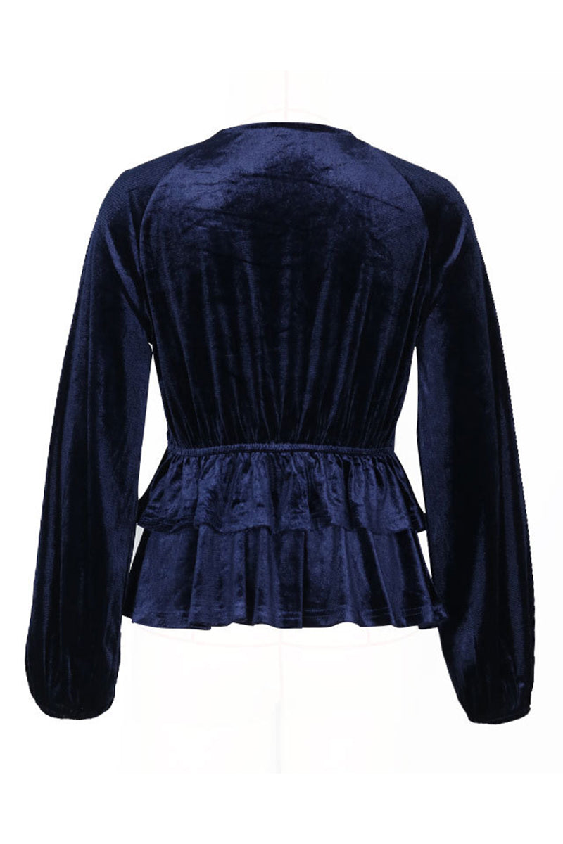 Elegant Ruched Velvet V Neck Blouses