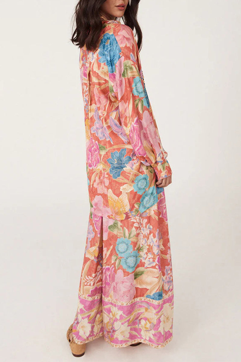 Conjunto de dos piezas con cuello vuelto, manga larga, estampado floral informal, bolsillo y contraste