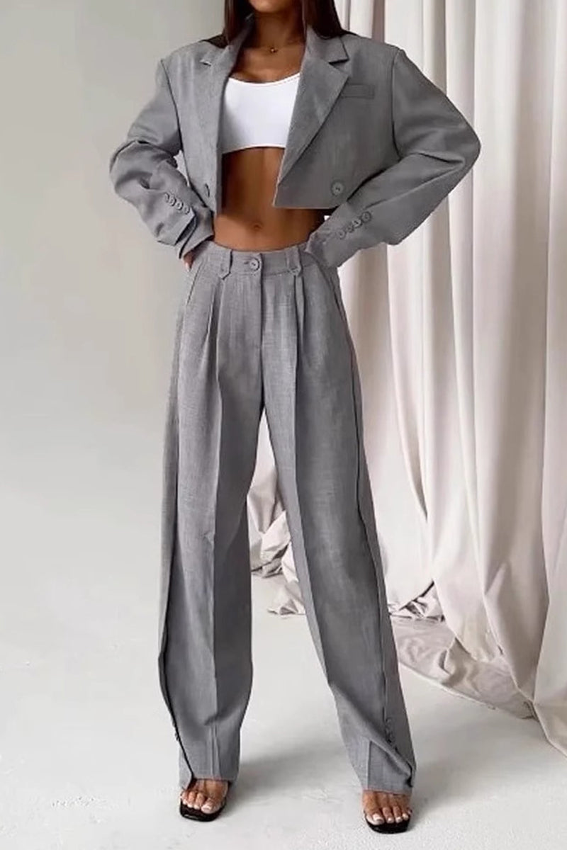 Conjunto informal de dos piezas con botones y cuello vuelto, manga larga