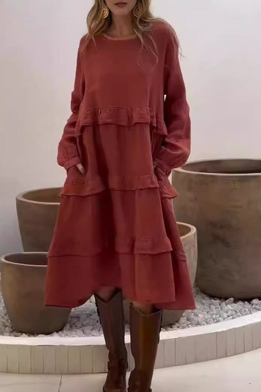 Casual Pocket Ruffle O Neck A Line Dresses(4 Colors)