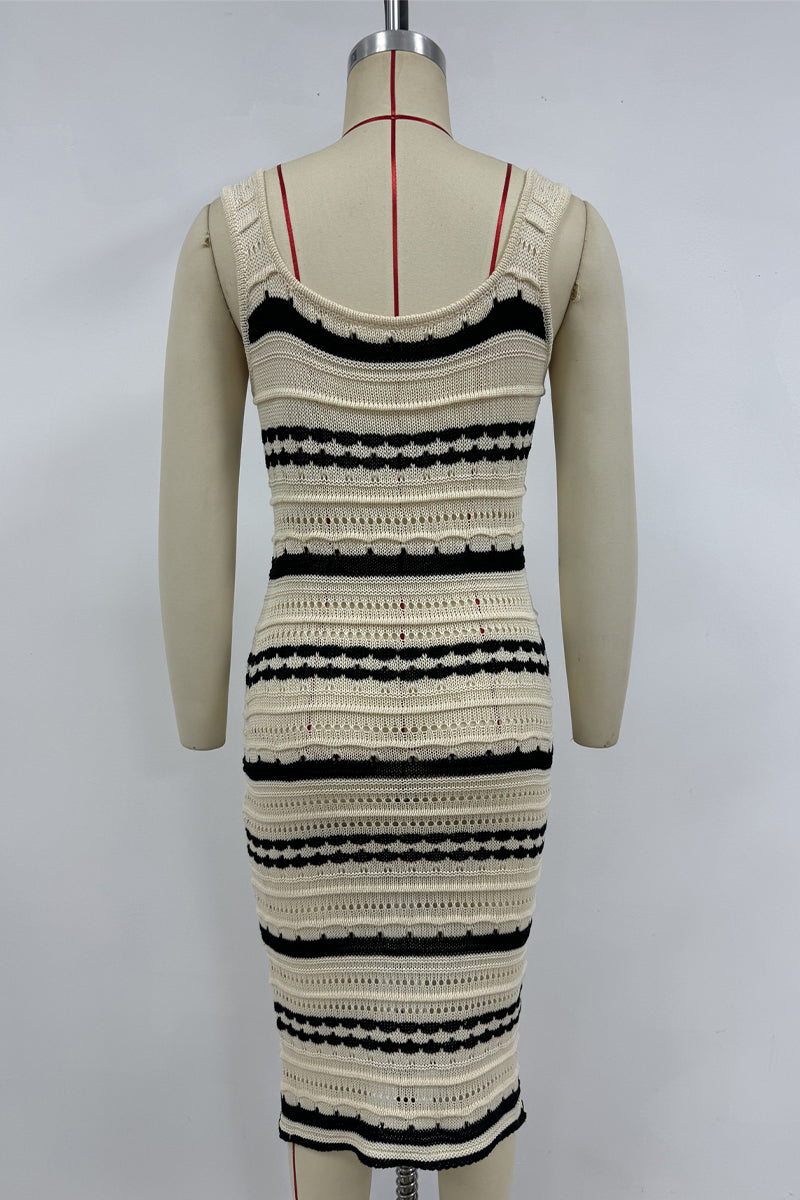 Sexy Stripe Weave Contrast U Neck One Step Skirt Dresses