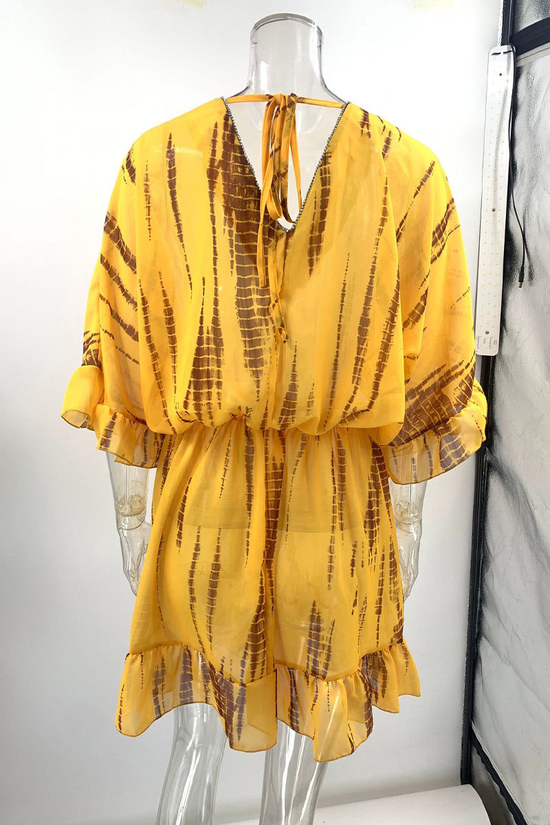 Casual Vacation Geometric Print Ruffle V Neck A Line Dresses