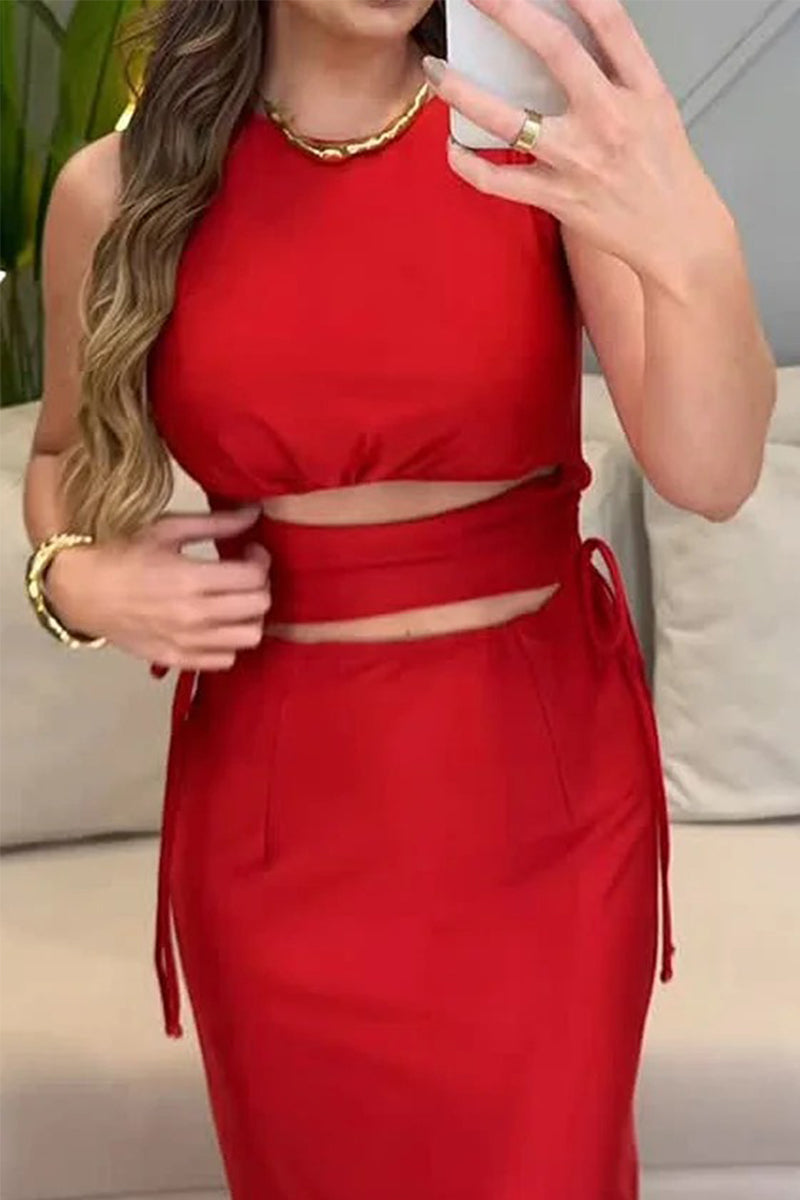 Elegant Hollow Out Draw String O Neck One Step Skirt Dresses