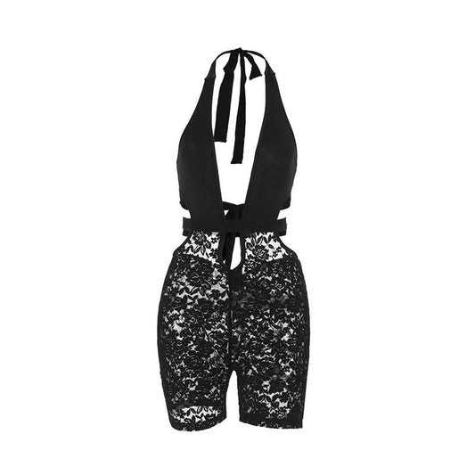Halter v neck hollow out lace self tie romper | Festival Outfits Women
