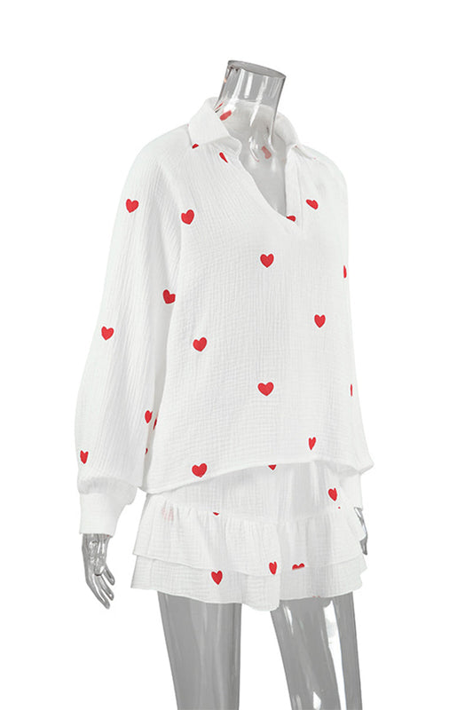 Casual Love Print Patchwork Ruffle V Neck Long Sleeve Two Pieces