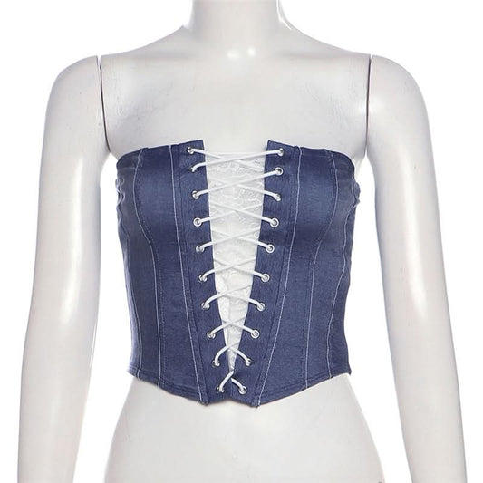 Lace up denim lace hem tube top | Festival Outfits Women