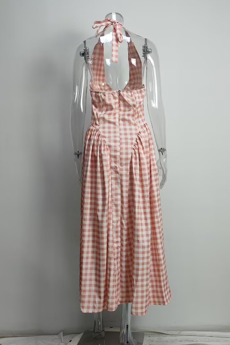 Sexy Plaid Lace Up Backless Contrast Halter Sleeveless Dresses