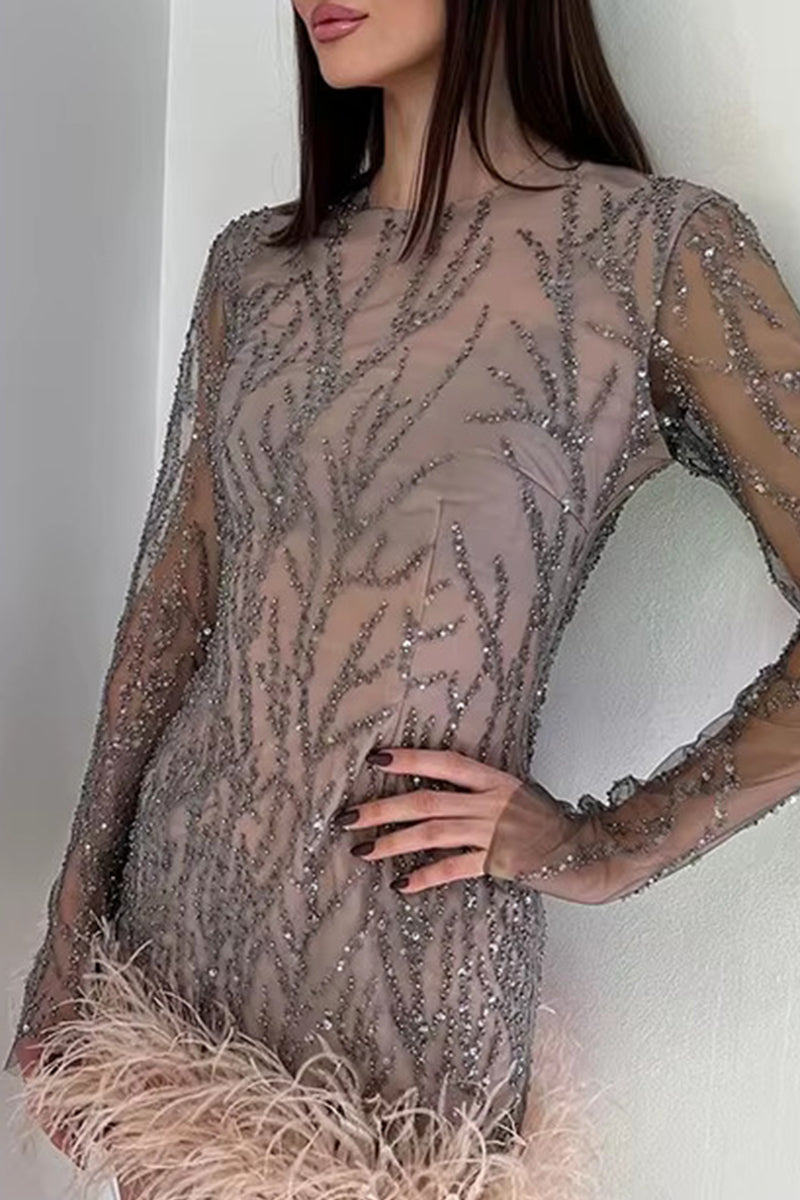 Elegant Mesh Tinsel Feather Hemline O Neck Mini Dresses