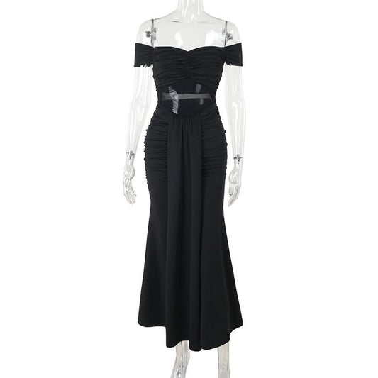 Off shoulder mesh patchwork ruched maxi dress | Festival Outfits Women