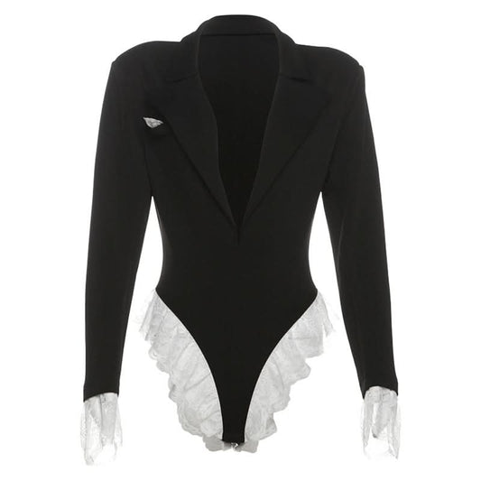 Turnover collar long sleeve lace hem bodysuit | Festival Outfits Women