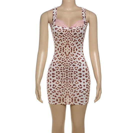 Leopard print lace hem mini dress | Festival Outfits Women | Leopard Print Mini Dress