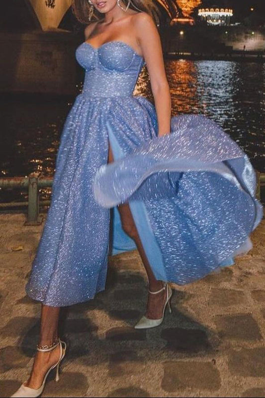 Vestidos de noche sexys sin tirantes con lentejuelas y aberturas