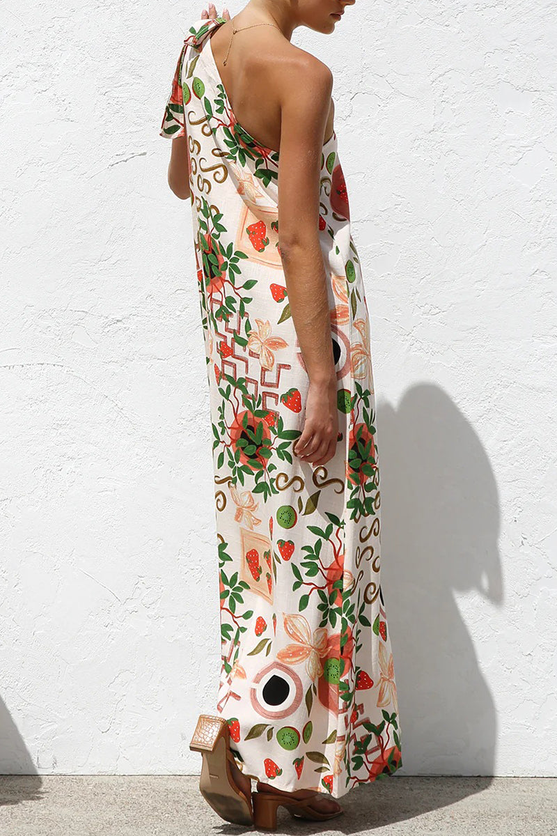 Casual Leaf Print fruit Lace Up Irregular Sloping Shoulder Printed Dresses