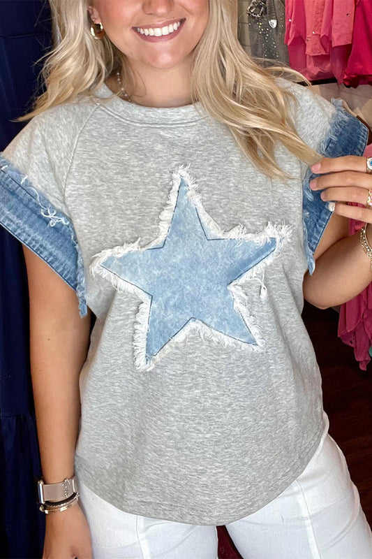 Camisetas informales con cuello redondo y parches desgastados de estrellas