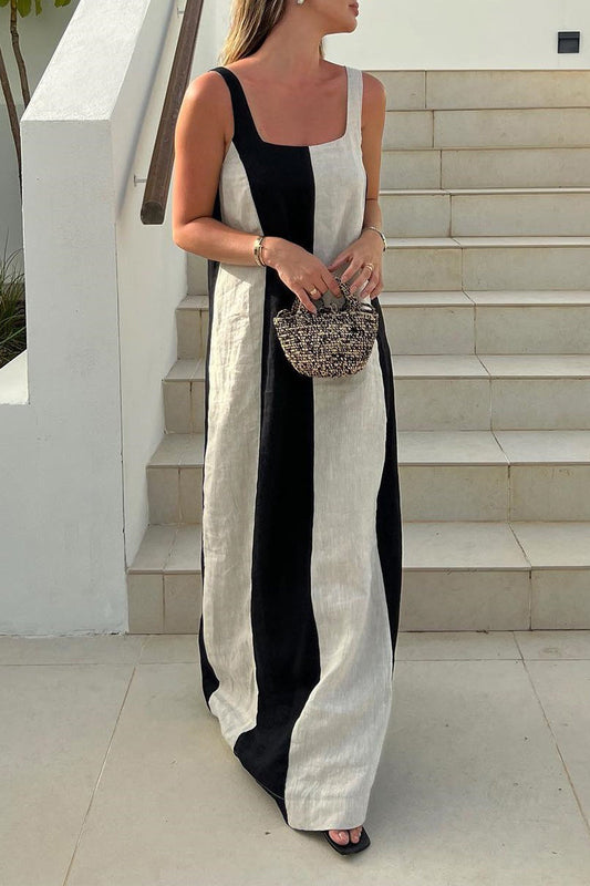 Casual Stripe Patchwork Contrast Square Neck One Step Skirt Dresses