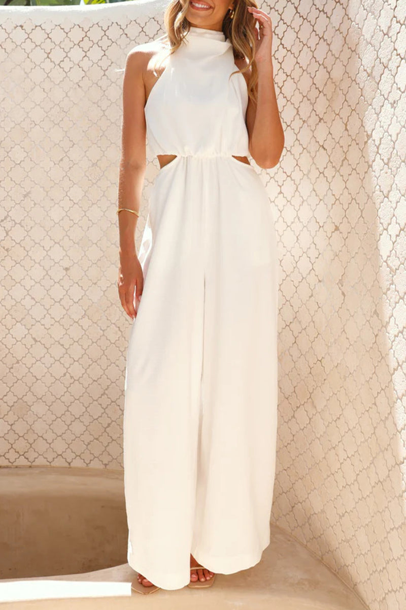 Casual Hollow Out Pocket Halter Loose Jumpsuits(4 Colors)