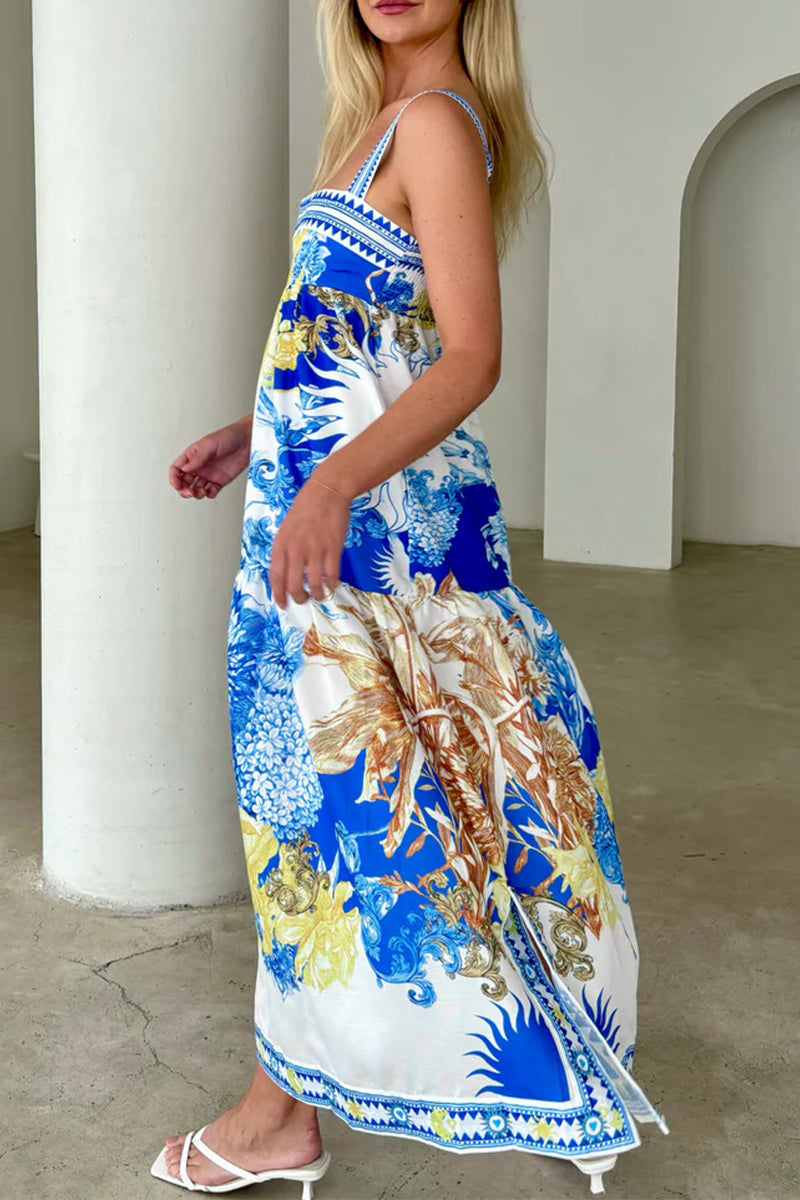 Vestidos de tirantes con escote cuadrado, bolsillos y estampado floral bohemio