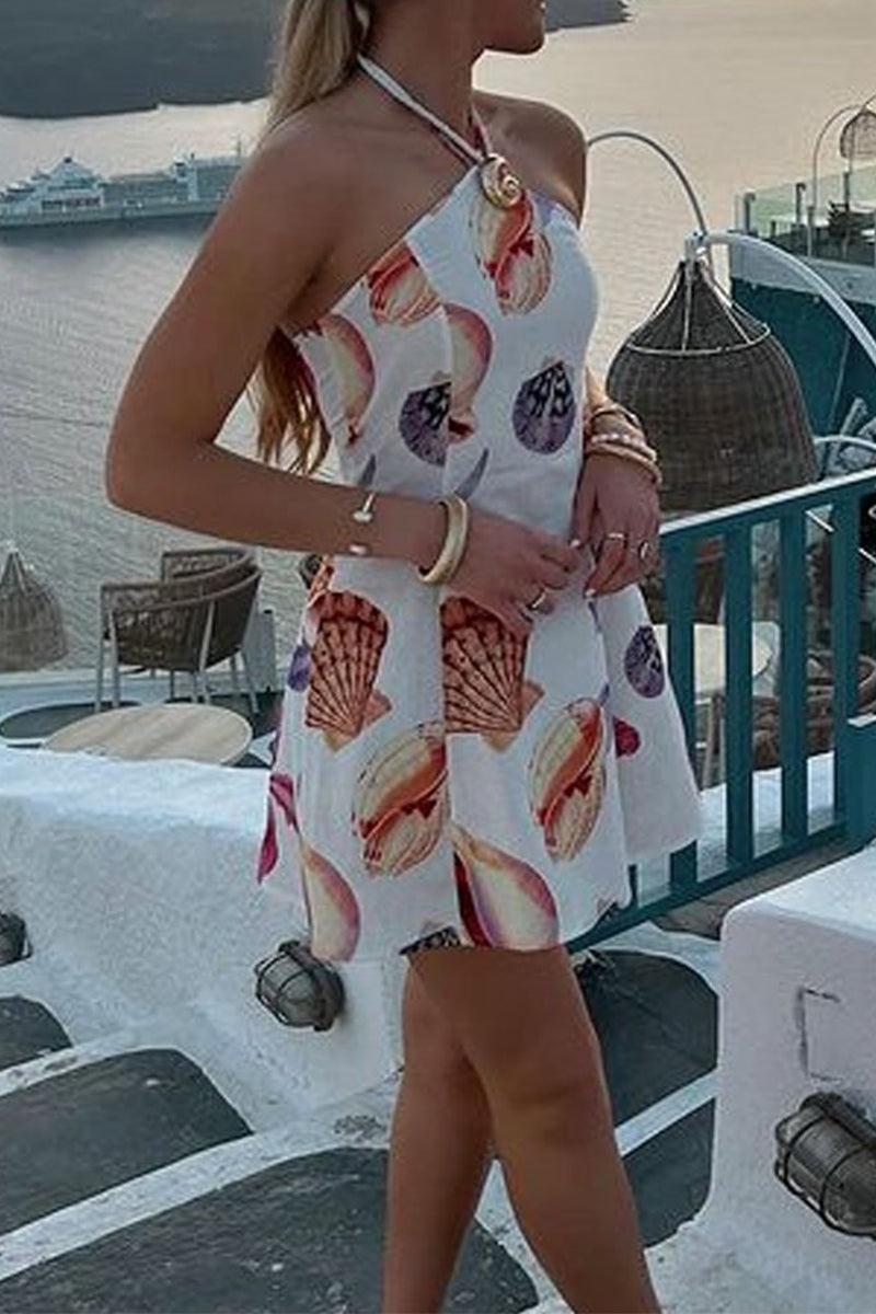 Sexy Graffiti Print Patchwork Contrast Halter Printed Dresses