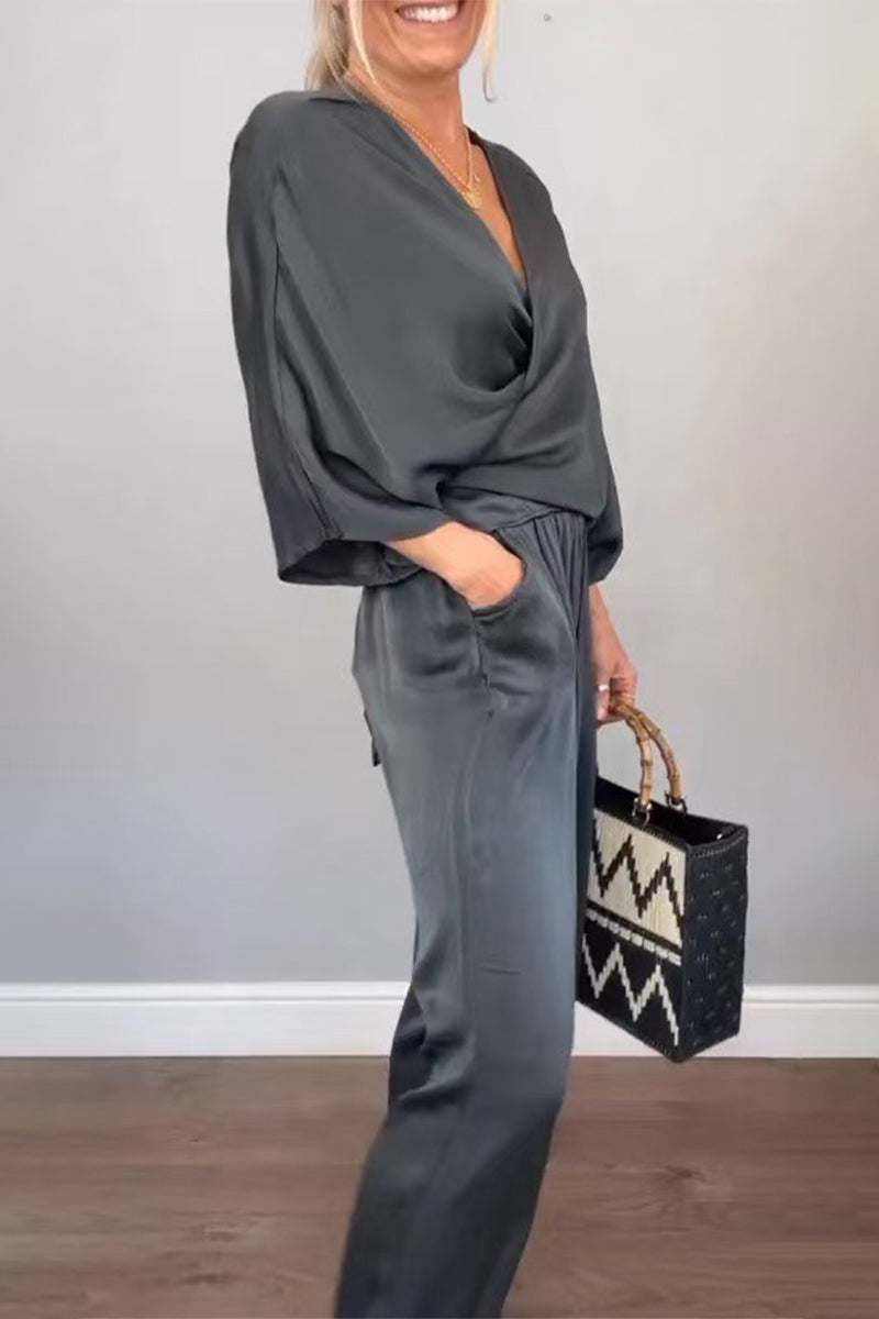 Conjunto informal de dos piezas con cuello en V y bolsillo (7 colores)