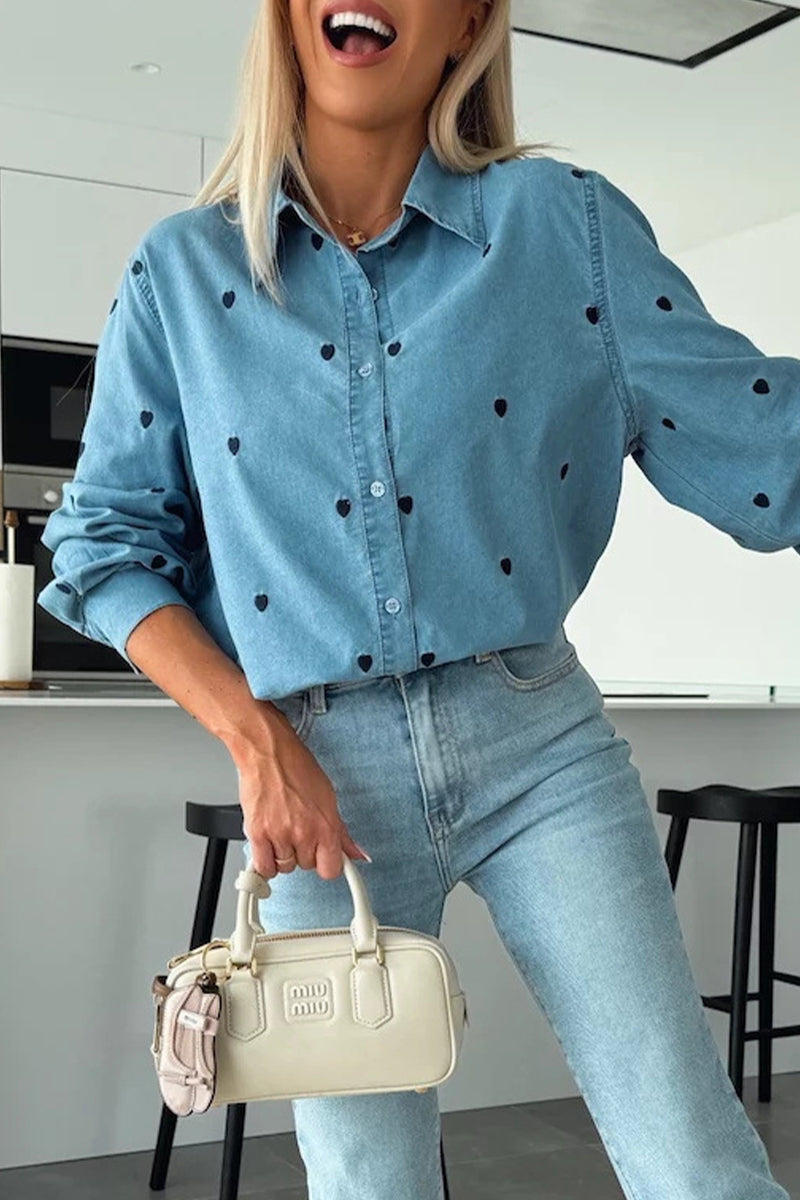 Casual Heart Shaped Buttons Turndown Collar Tops