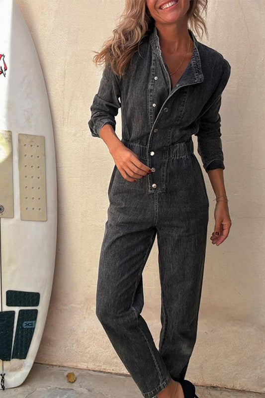 Casual Solid Color Distressed Pocket Buckle O Neck Long Sleeve Regular Denim Jumpsuits