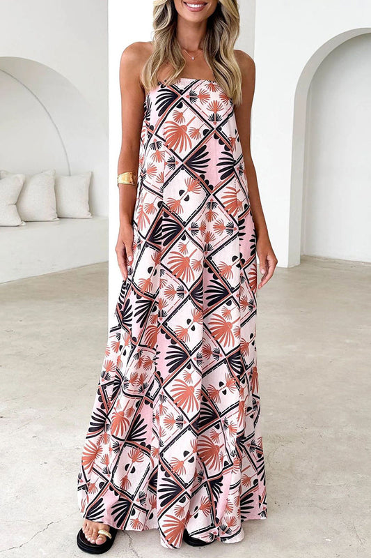Vacation Floral Print Zipper Contrast Strapless Long Dresses