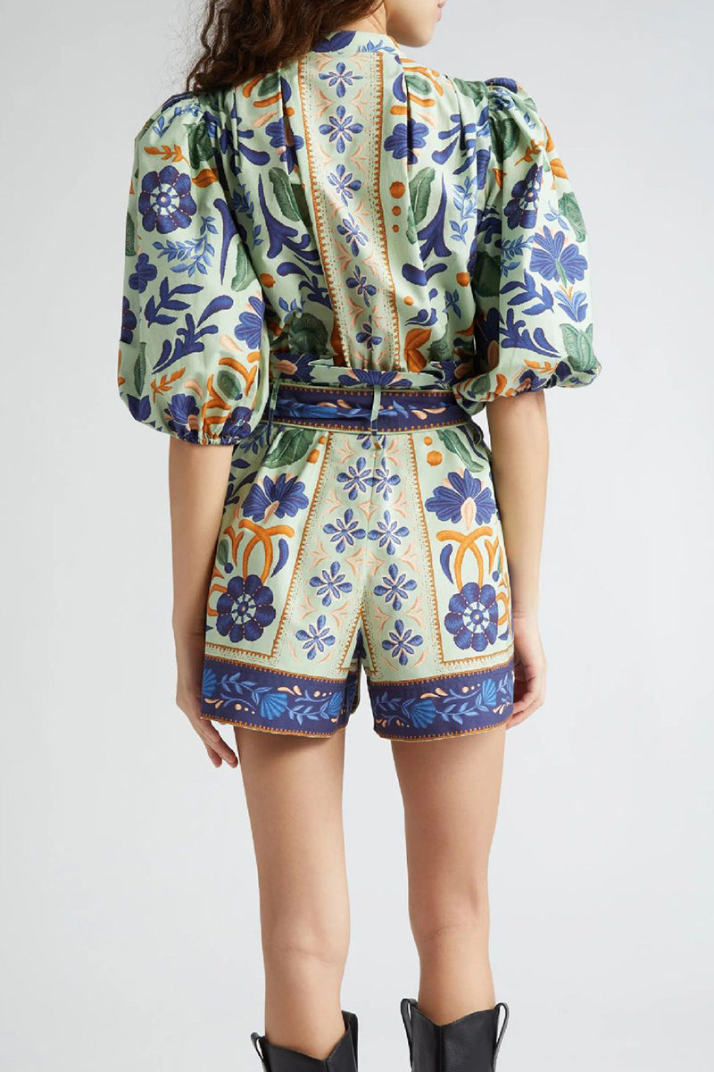 Casual Floral Print Lace Up Buttons O Neck Rompers