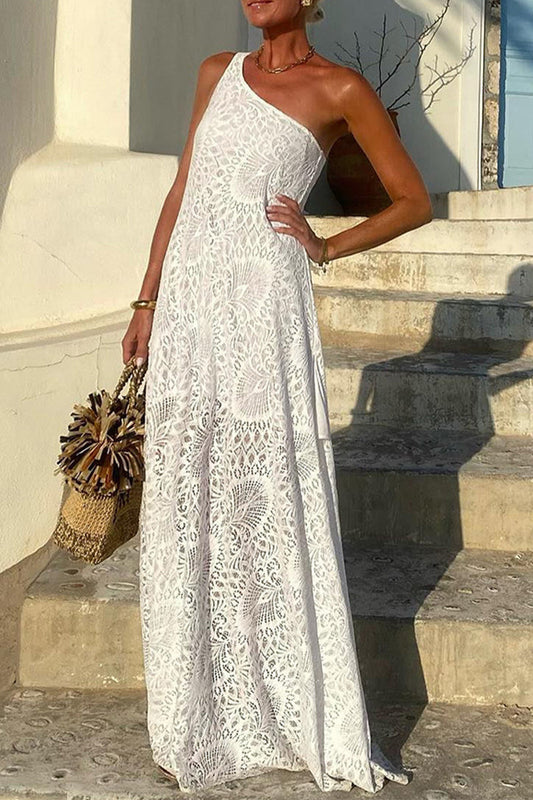 Sexy Solid Color Lace Slit Sloping Shoulder Long Dresses