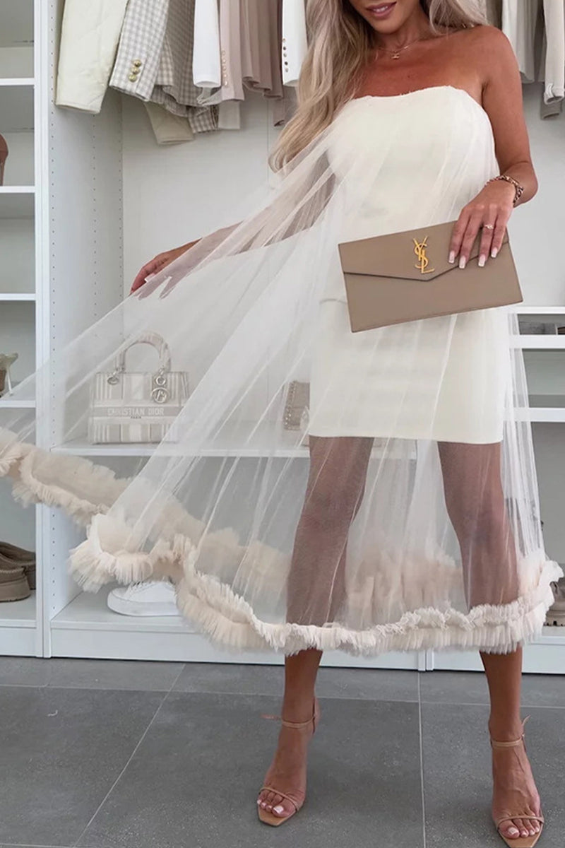 Casual Solid Color Without Belt Mesh Strapless Mesh Dresses(No belt)