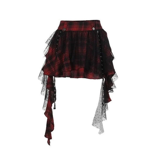 Plaid mesh irregular zip-up A line mini skirt | Festival Outfits Women