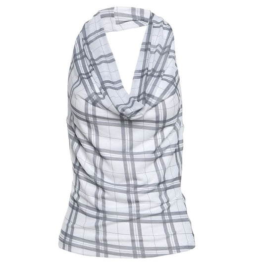 Halter cowl neck plaid backless top | Festival Outfits Women