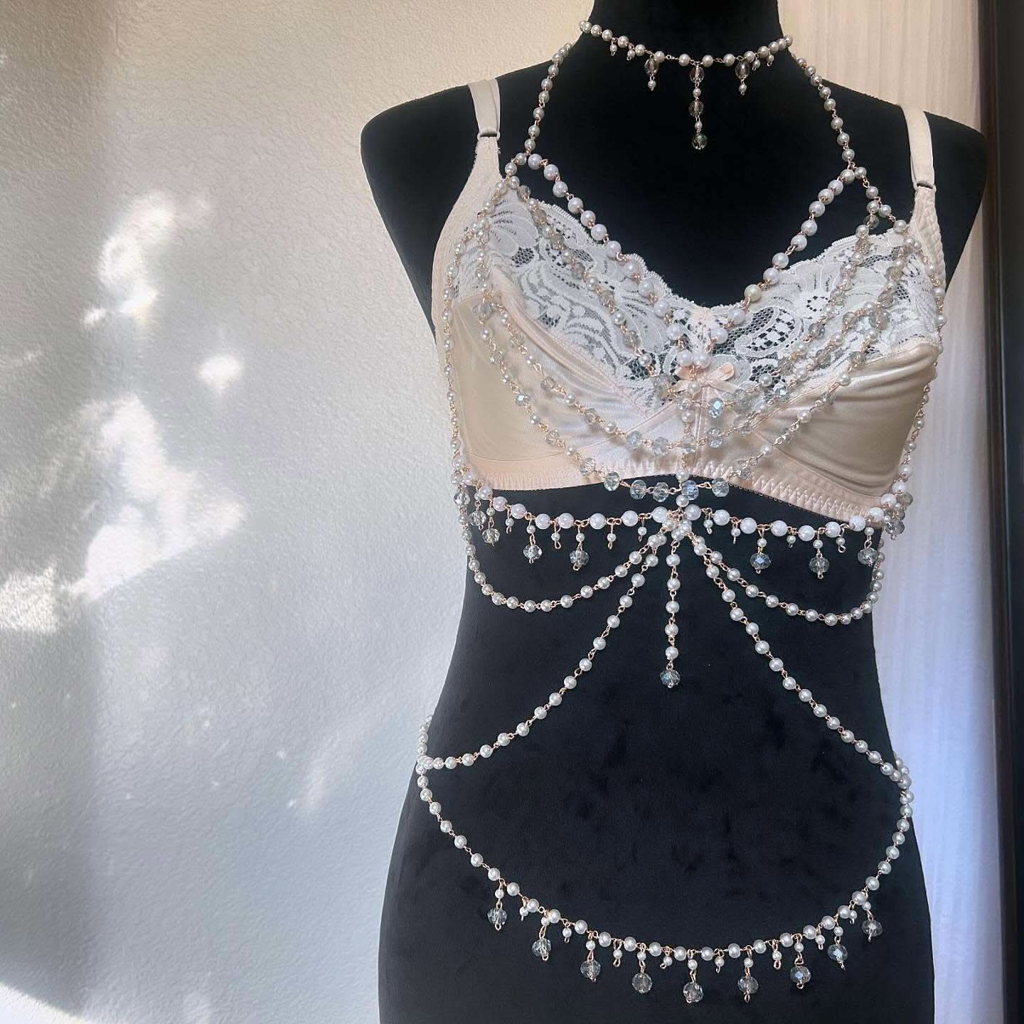 Faux pearl beaded body chain hollow out cut out top | Festival Outfits Women