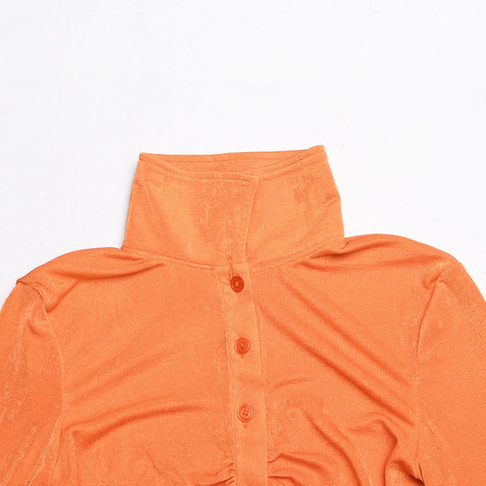 Turnover collar long sleeve ruched button crop top | Festival Outfits Women