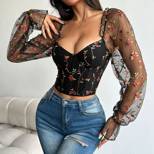 Flower embroidery bustier lace up top | Festival Outfits Women