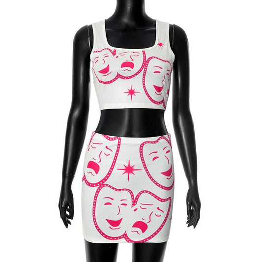 Square neck ribbed face print mini skirt set | Festival Outfits Women