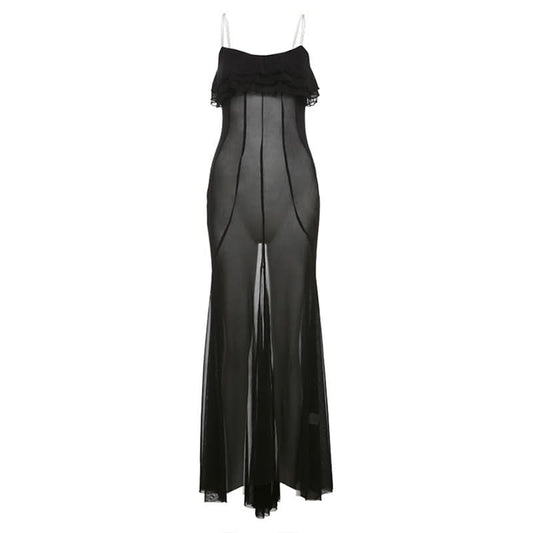 Ruffle u neck mesh solid cami maxi dress | Festival Outfits Women