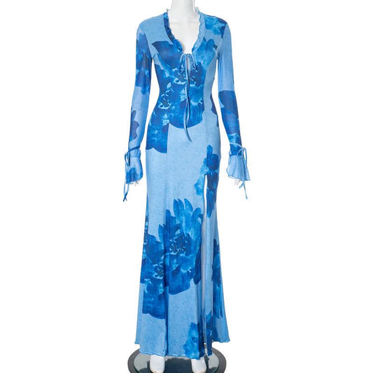 Slit v neck self tie long flared sleeve print maxi dress | Festival Outfits Women