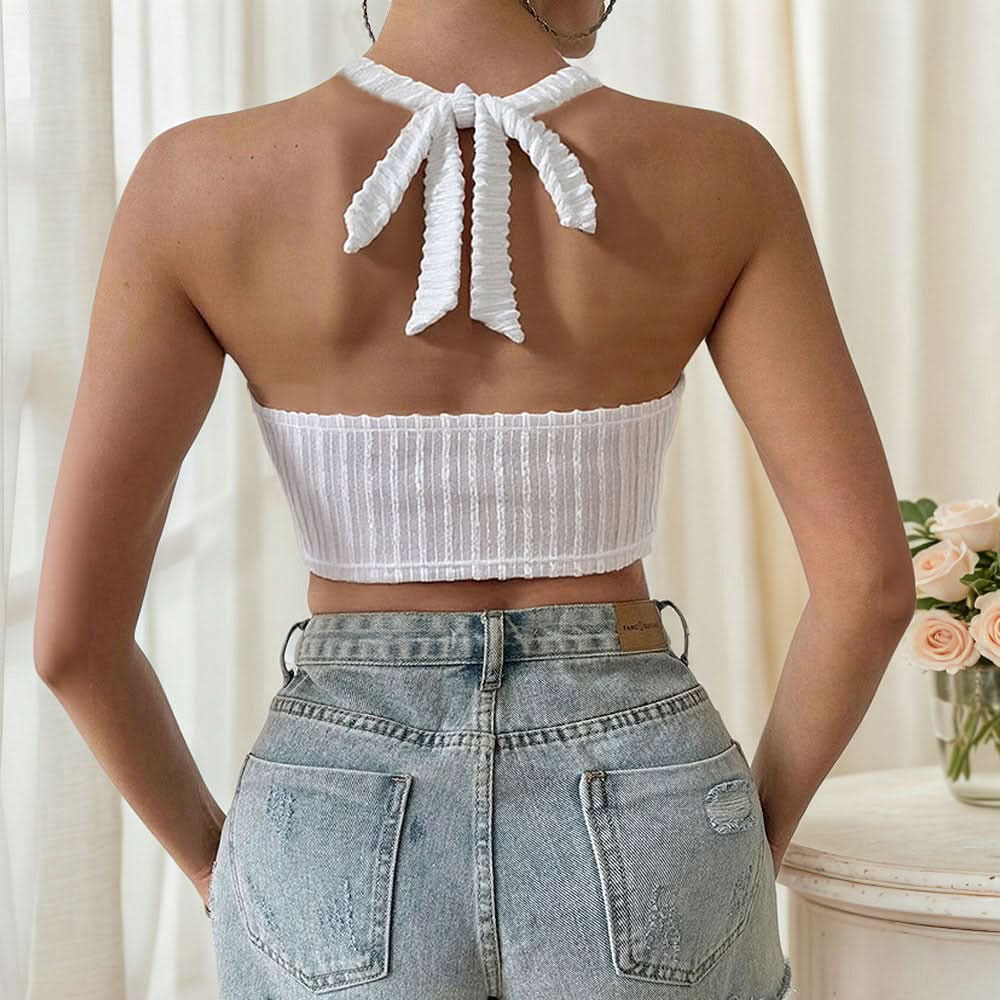 Textured halter self tie tassels solid top | Festival Outfits Women