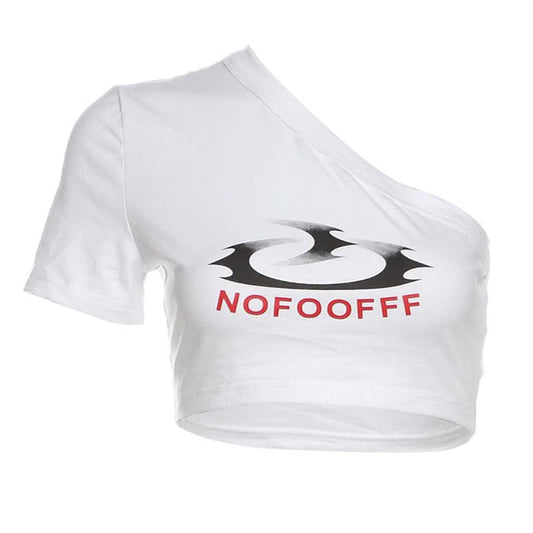 Short sleeve one shoulder letter pattern top | Festival Outfits Women