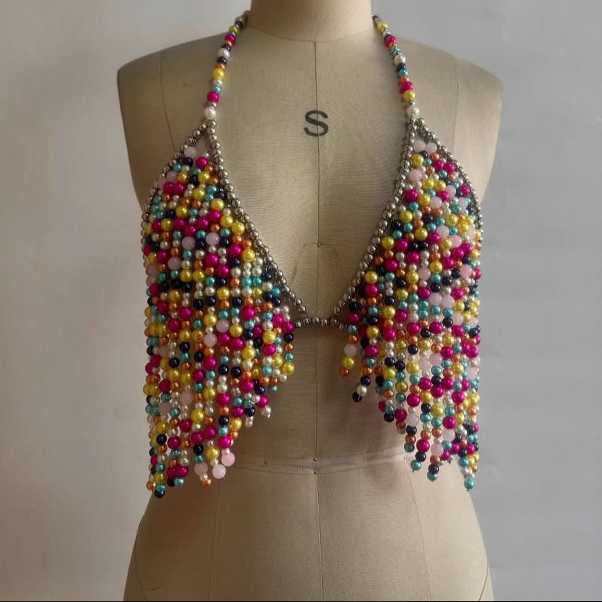 V neck halter contrast beaded backless crop top | Festival Outfits Women