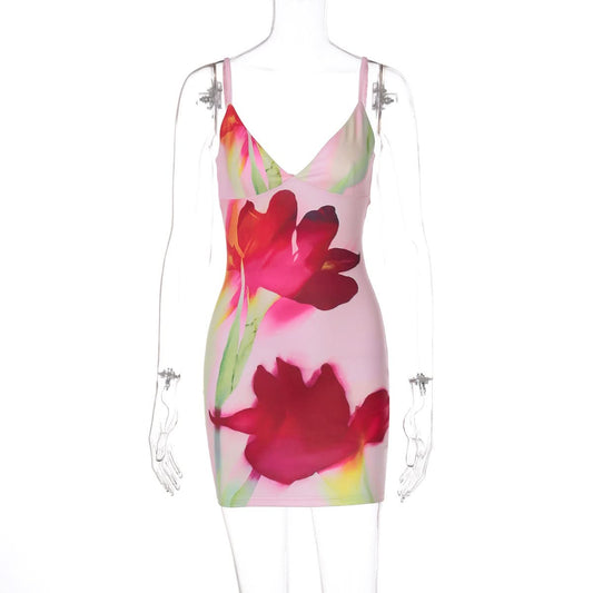 Deep v neck flower print cami mini dress | Festival Outfits Women