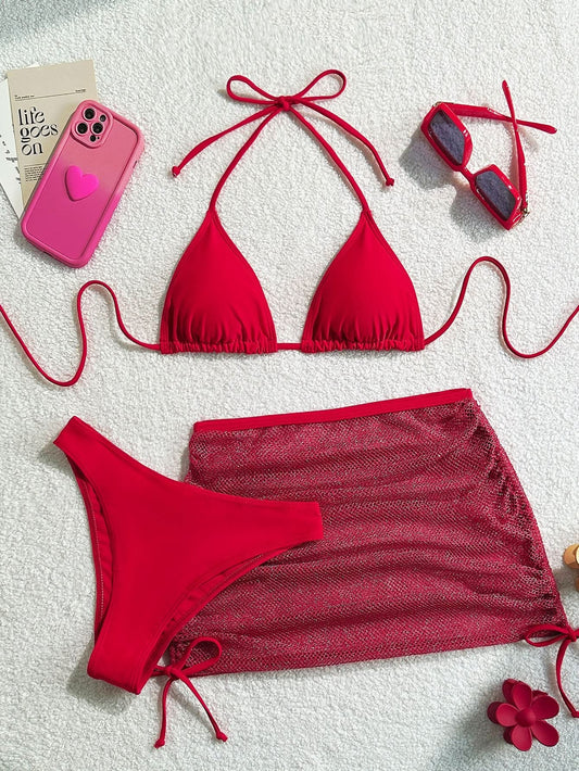 Ruched drawstring halter self tie 3 piece swimwear