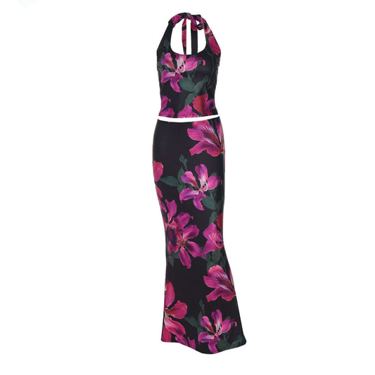 Halter self tie u neck flower print maxi skirt set | Festival Outfits Women