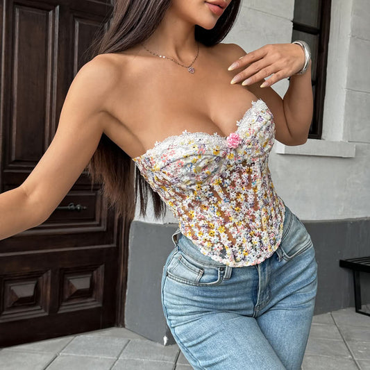 Sweetheart neck flower applique corset lace up top | Festival Outfits Women