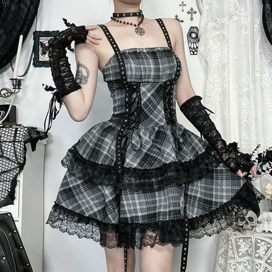 Plaid lace hem lace up cami mini dress | Festival Outfits Women