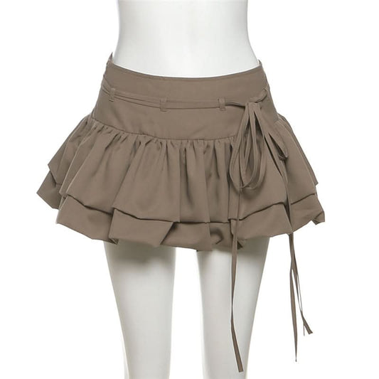 Zip-up ruched A line self tie solid mini skirt | Festival Outfits Women